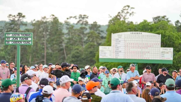 Jon Rahm tees off in the second round of the 2023 Masters.